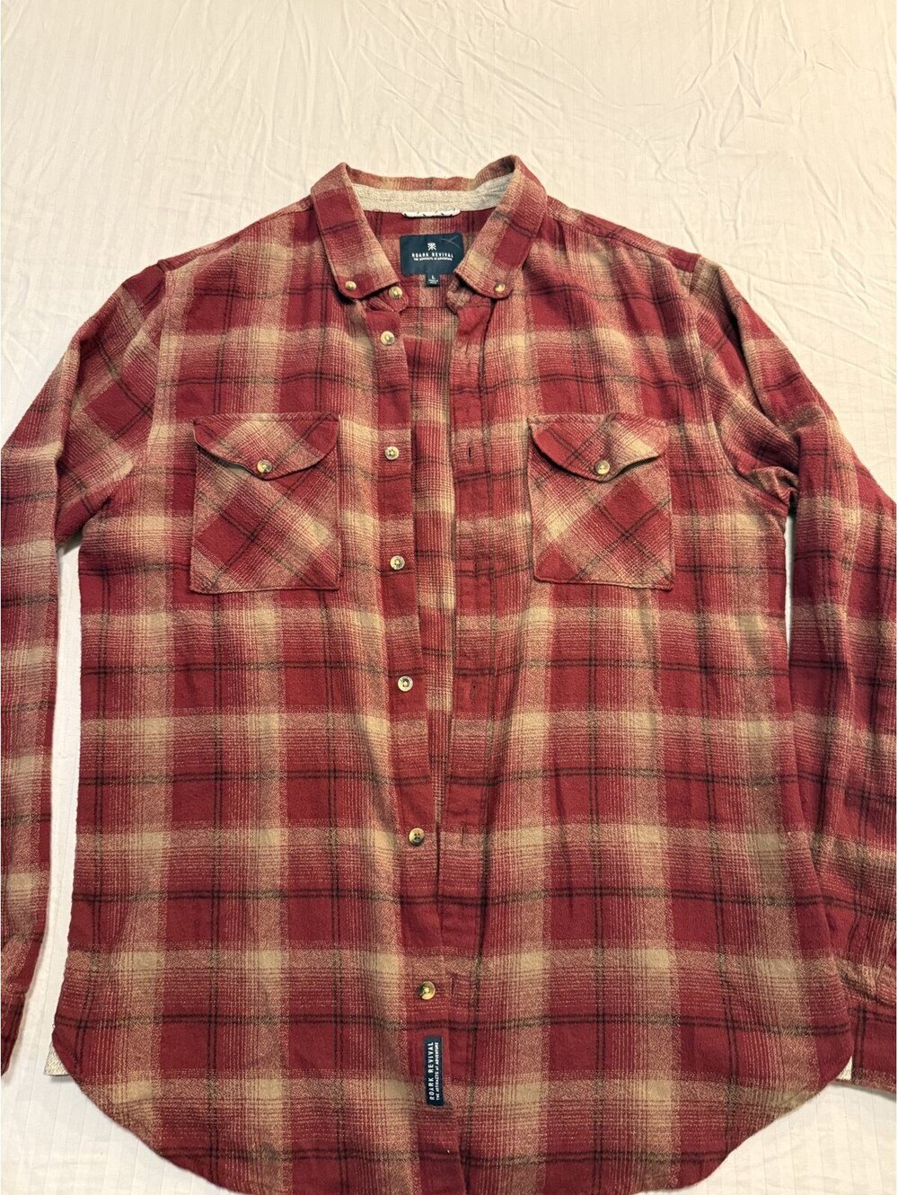 Roark Revival Plaid Flannel Button Down Shirt Men's L Red Tan Long Sleeve